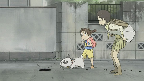 Yasako, Kyoko, and ther cyberdog Densuke look at a steaming pile of cybercrap